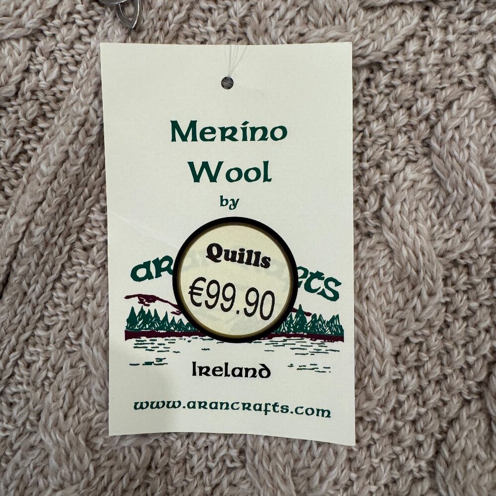 NWT Aran Crafts Irish-Knit Merino Wool Sweater, Full-Zip, Long, Beige - Picture 2 of 4